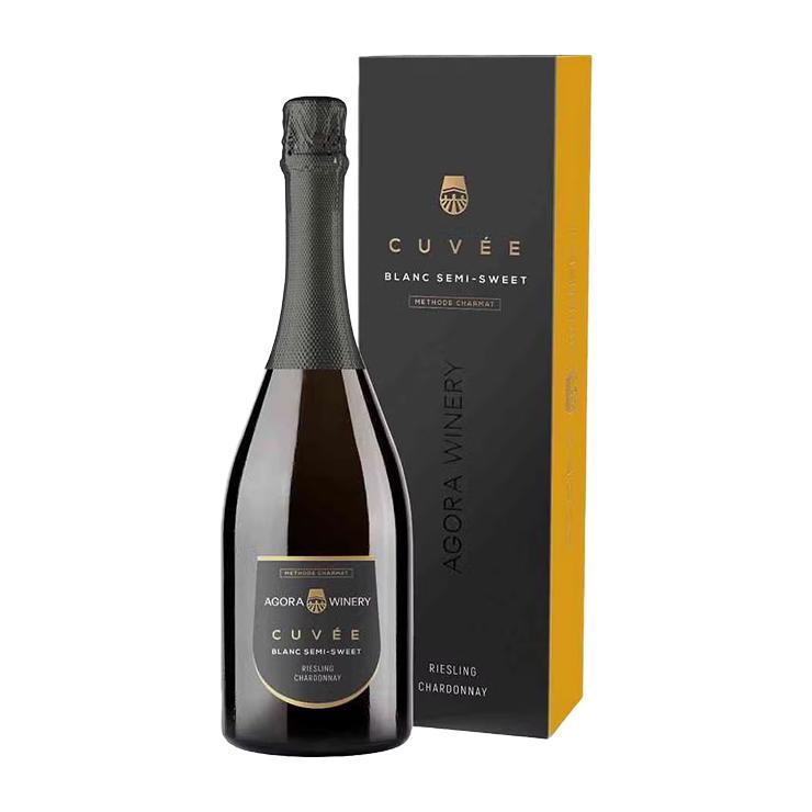 Вино игристое Cuvee Agora Riesling Chardonnay белое полусладкое 12,5% подарочная упаковка Россия 750 мл., картон