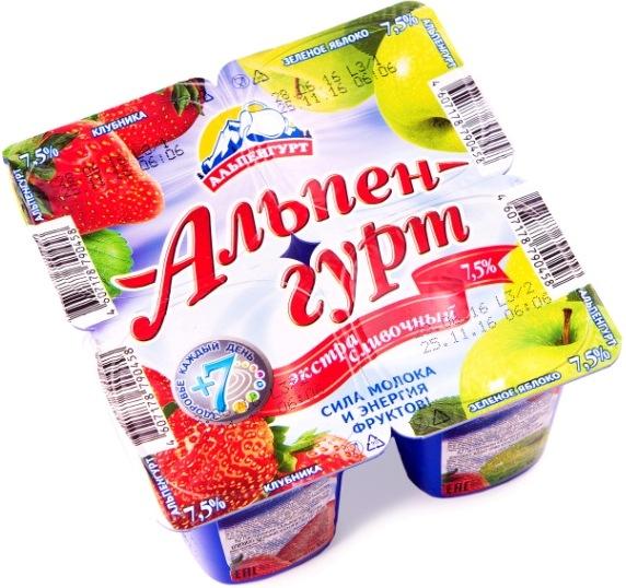 Продукт йогуртный Экстра сливочный 7,5% клубника-зеленое яблоко, Альпенгурт, 100 гр, ПЭТ