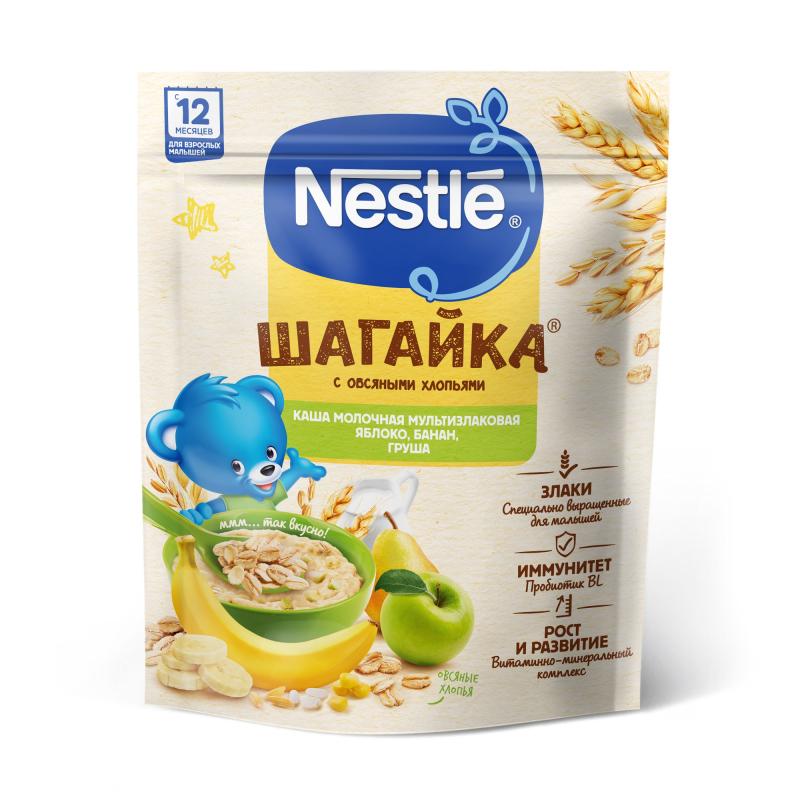 Каша Nestle молочная Шагайка Мультизлаковая яблоко банан груша 190 гр., пакет