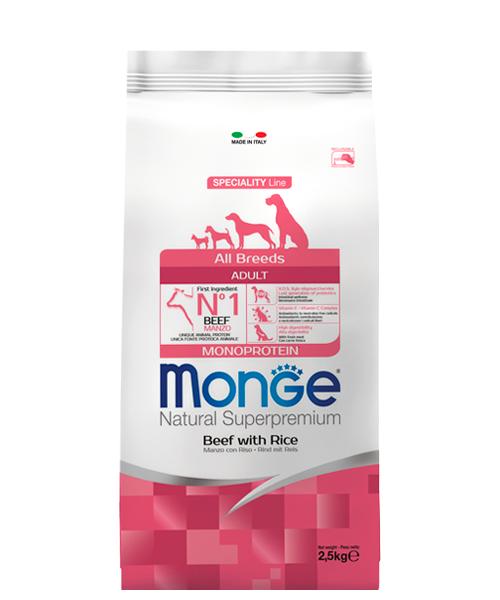 Корм Monge Dog Monoprotein All Breeds Beef and Rice для собак всех пород говядина с рисом 2,5 кг., флоу-пак