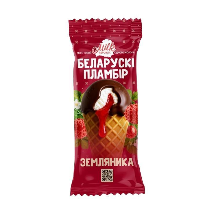 Мороженое рожок Белорусский пломбир земляника в какао глазури 85 гр., флоу-пак
