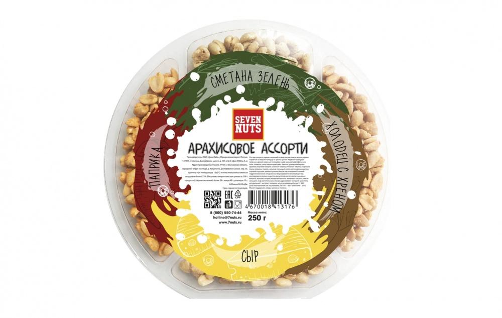 Арахисовое ассорти Seven Nuts 4 вкуса сыр, паприка, сметана и зелень, холодец и хрен 250 гр., пластиковая упаковка