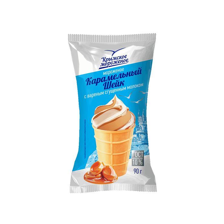 Мороженое Крымское мороженое карамельный шейк вафельный стаканчик 90 гр., флоу-пак