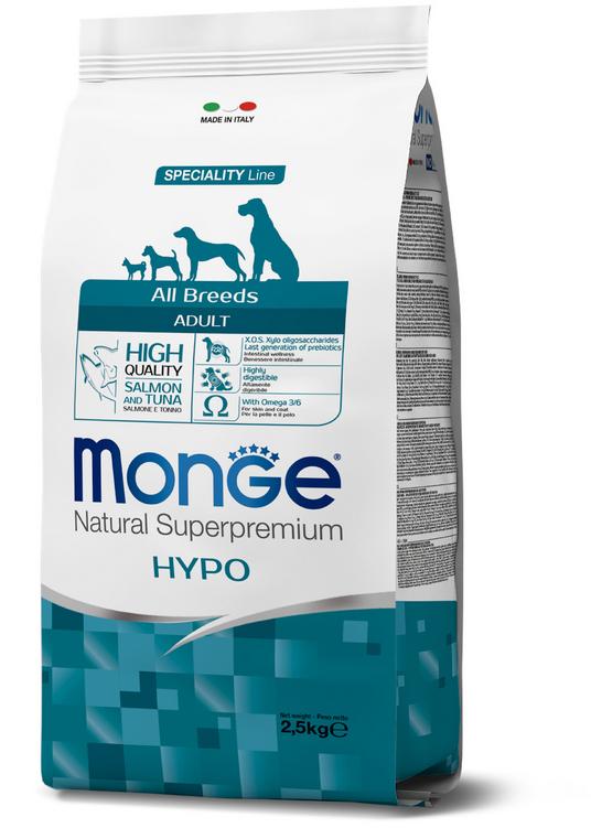 Корм Monge Dog Speciality Hypo для взрослых собак всех пород лосось/тунец 2.5 кг., флоу-пак