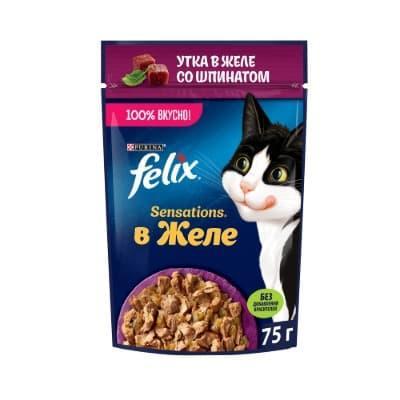 Корм для кошек Felix влажный Sensations желе утка-шпинат 75 гр., пауч